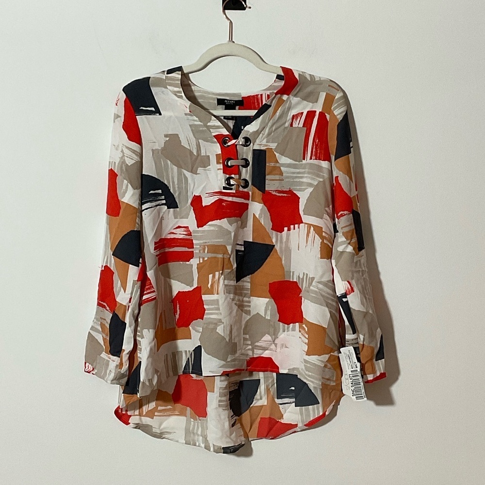Alfani Petite Abstract Lace-Up Blouse in Red, Tan, Black & White